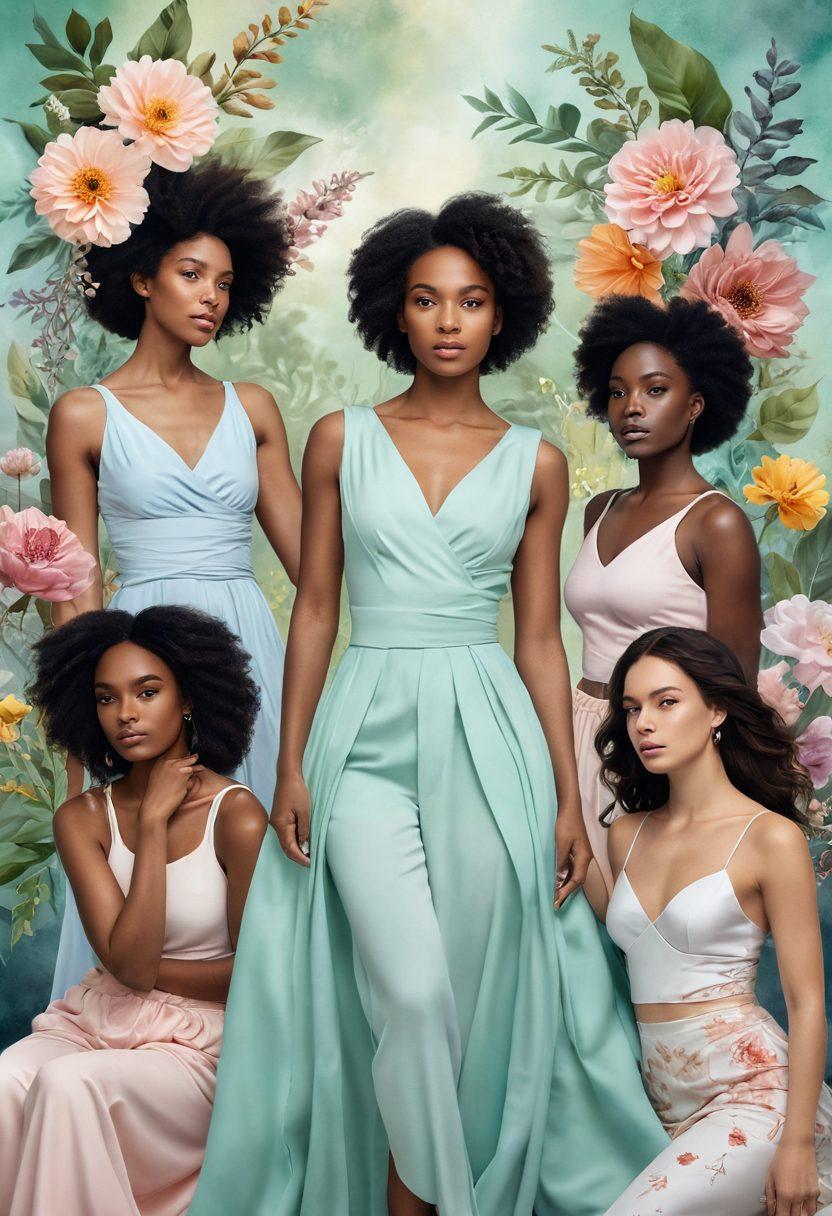 A captivating and elegant collage of diverse women embodying strength and beauty, set against a dreamy ethereal background. Include elements of nature, like blooming flowers and soft flowing fabrics, to enhance the feminine allure. The scene should evoke a sense of freedom and empowerment while maintaining a delightful sensuality. The color palette should be soft pastels with vibrant splashes. super-realistic. ethereal. vibrant colors.